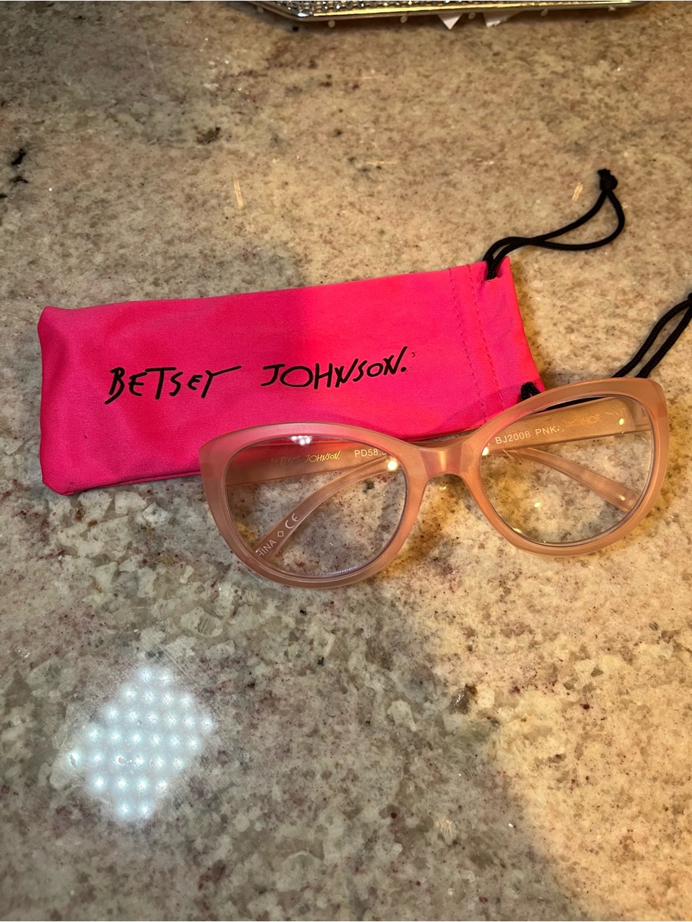 Betsey Johnson Translucent Pink Cat-Eye Glasses with Hot Pink Pouch